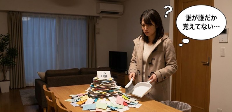 女性が帰宅後にテーブルの上に積まれた大量のアプローチカード（連絡先）を見ている図