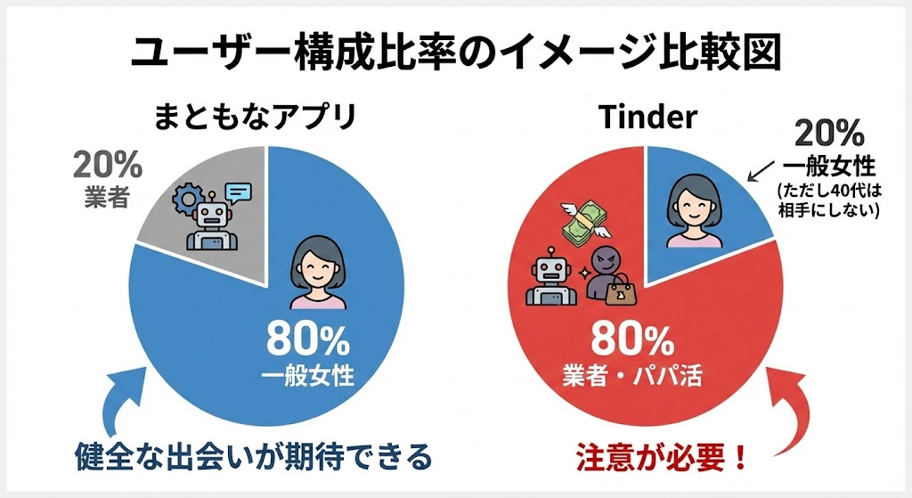 「まともなアプリ」と「Tinder」のユーザー構成比率のグラフ（イメージ図）