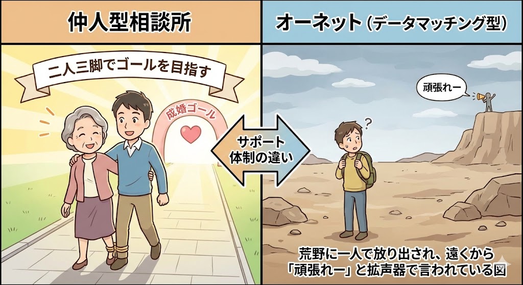 「仲人型相談所」と「オーネット（データマッチング型）」のサポート体制の違いを比較した図