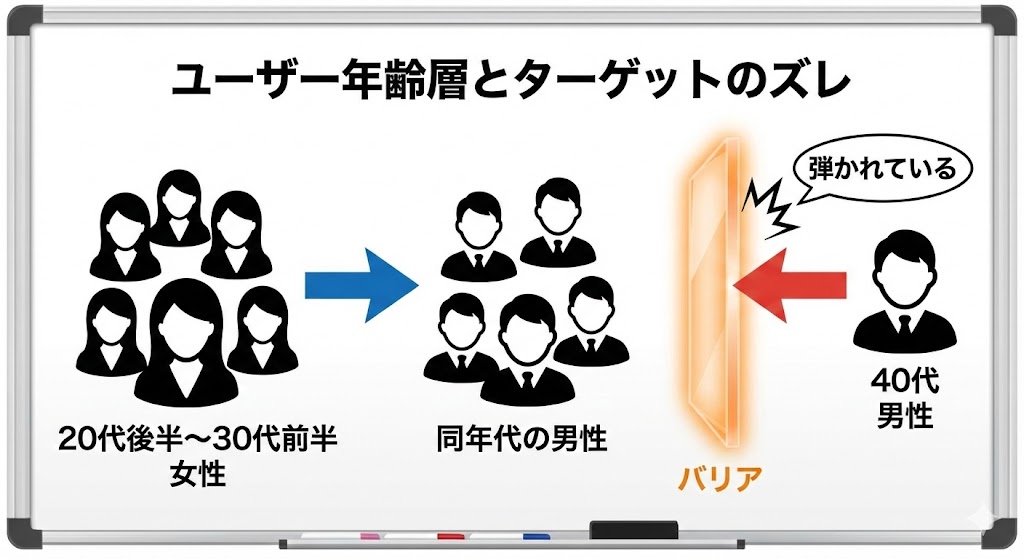ユーザー年齢層とターゲットのズレを表した図