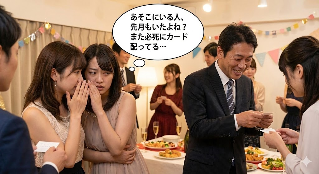 パーティー会場のイラスト。 女性2人がヒソヒソ話をしている。