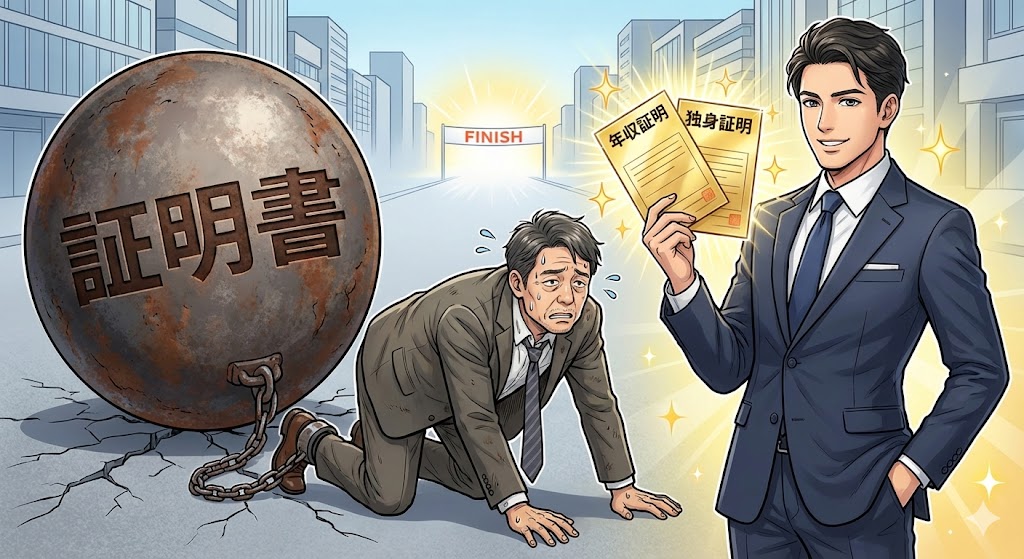 証明書という名の重りを足につけられたトシさんのイラスト