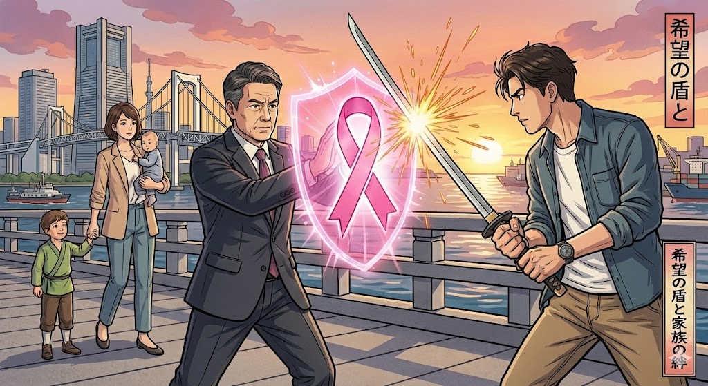 リボンマークのアイコンが、光り輝く盾のように描かれているイラスト