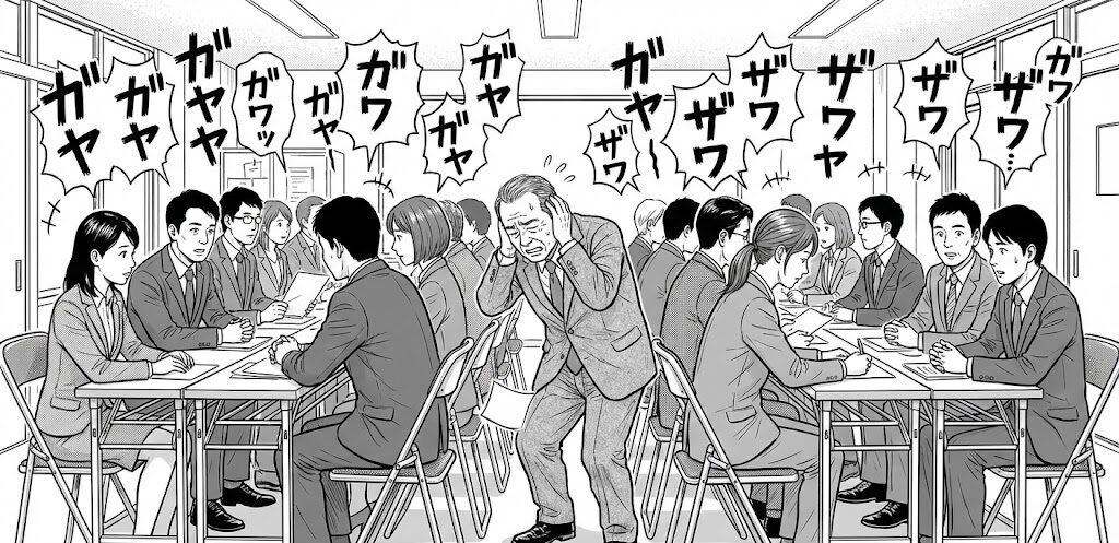 すし詰めの会議室のイラスト