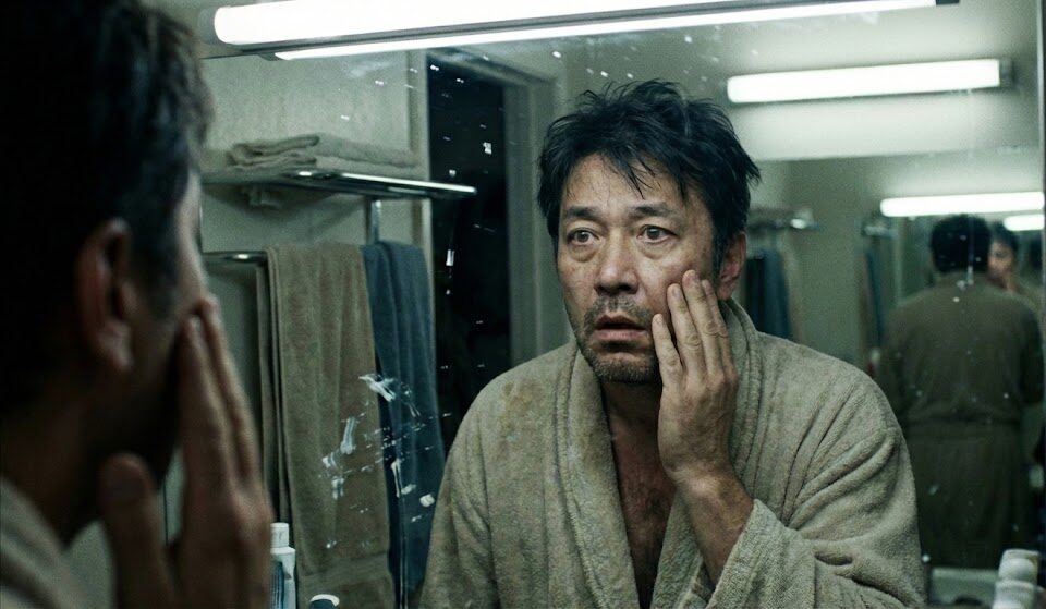 洗面所の鏡の前で、自分の顔を不安そうに（またはギョッとして）見つめている中年男性の写真。