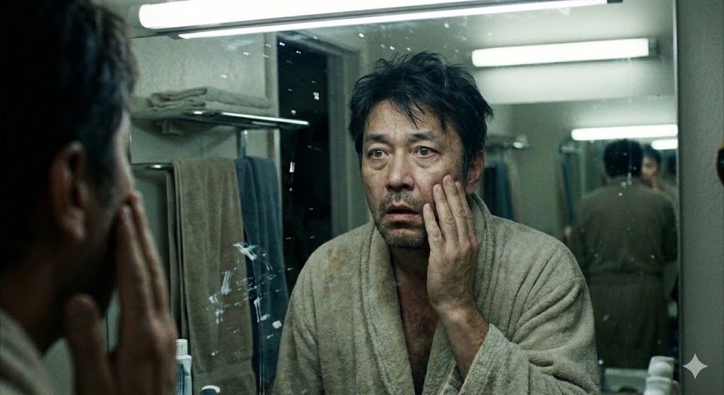 洗面所の鏡の前で、自分の顔を不安そうに（またはギョッとして）見つめている中年男性の写真。