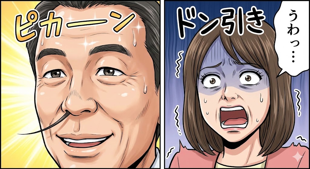 おじさんの顔のアップ。
鼻毛が一本出ていて、おでこがテカっている。
女性がそれを見てドン引きしている図。