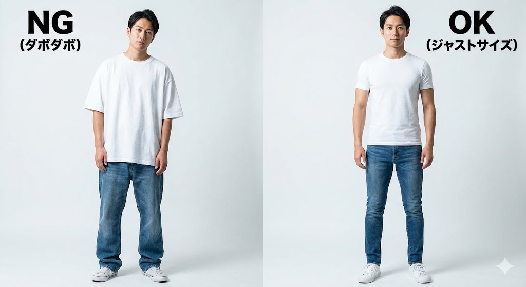 NGな服装（ダボダボ）と、OKな服装（ジャストサイズ）の比較。