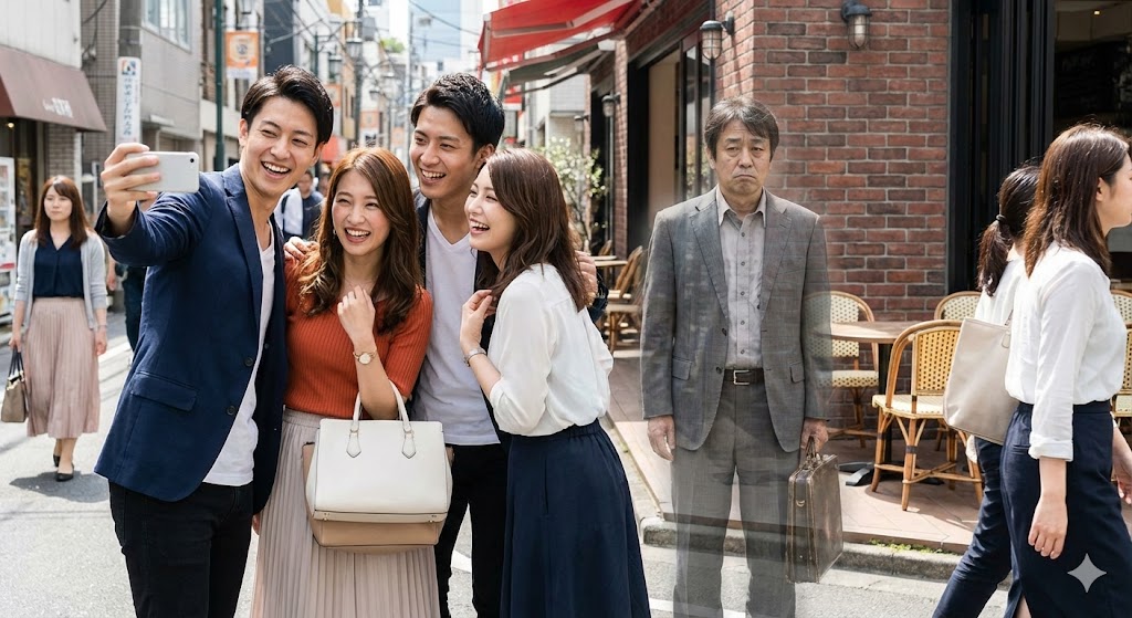 華やかな街中やカフェで、楽しそうに自撮りをしたり談笑したりしている20代の男女グループ。