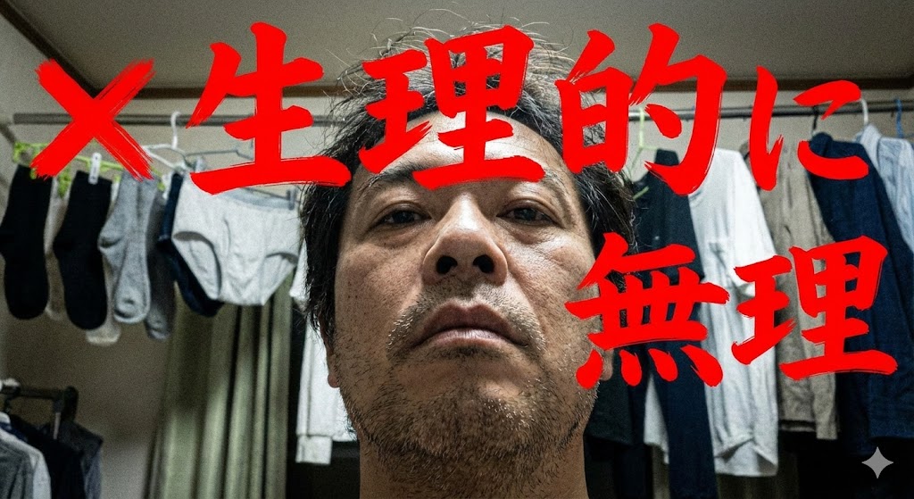 薄暗い部屋で、下からのアングルで撮った無表情のおじさんの顔