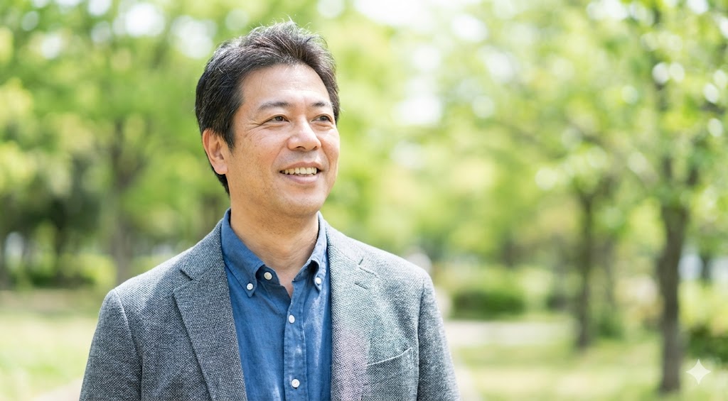 明るい屋外（公園など）で、上半身のショット