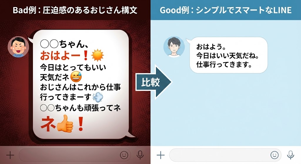 おじさん構文と、スマートなLINEの比較画像。