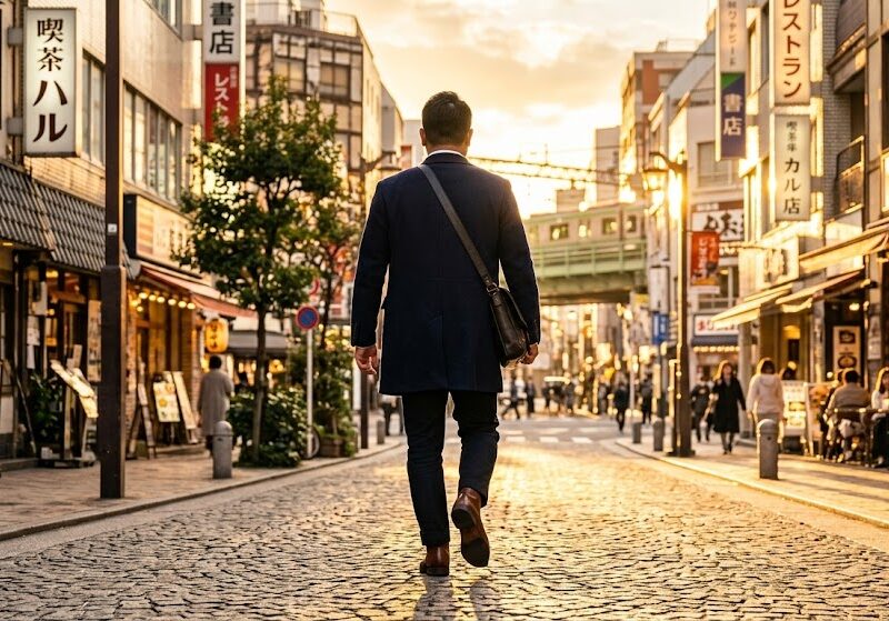 明るい光が差し込む街並みへと、自信に満ちた足取りで一歩を踏み出している大人の男性の後ろ姿。