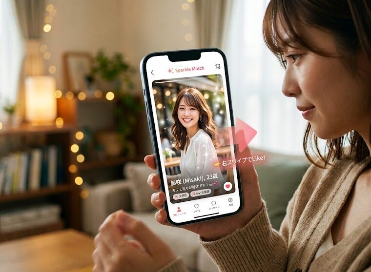 スマホ画面にはキラキラした若い女性の写真と右スワイプの矢印が表示されている。