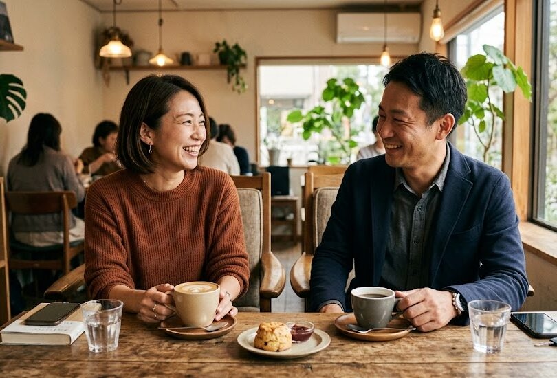 カジュアルなカフェのテーブル。二つのカップが並び、その向こうで自然体な笑顔で会話を楽しんでいる大人の男女の写真。
