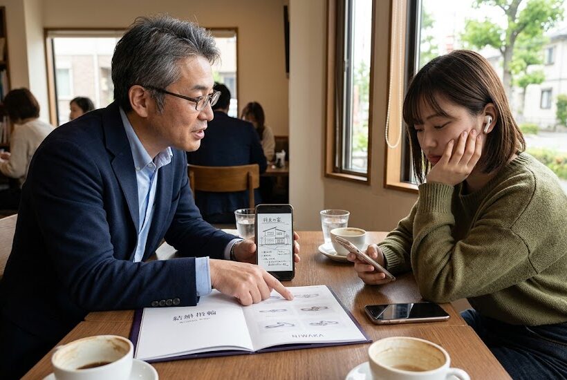 結婚指輪や将来の家のイメージを思い浮かべながら真剣に話す40代男性。