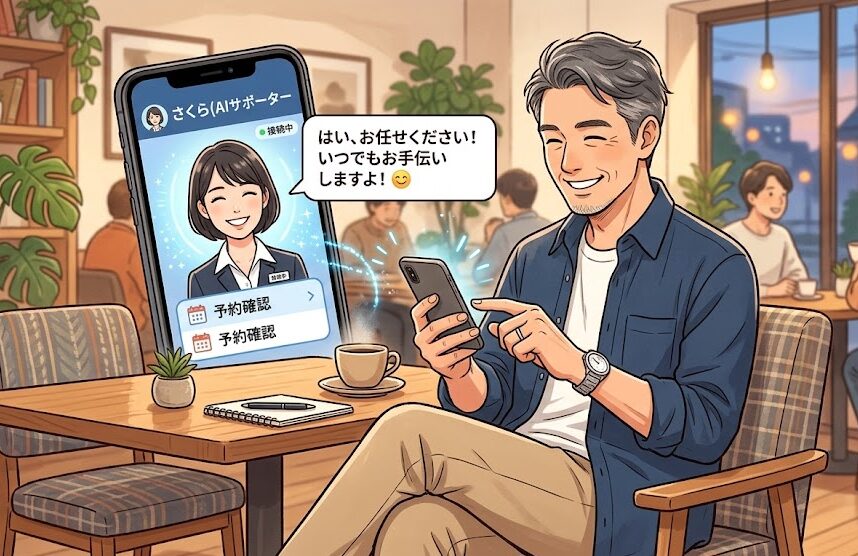 スマホの画面上に頼もしいサポーターが表示され、その横で安心した表情でスマホを操作している40代男性のイラスト。