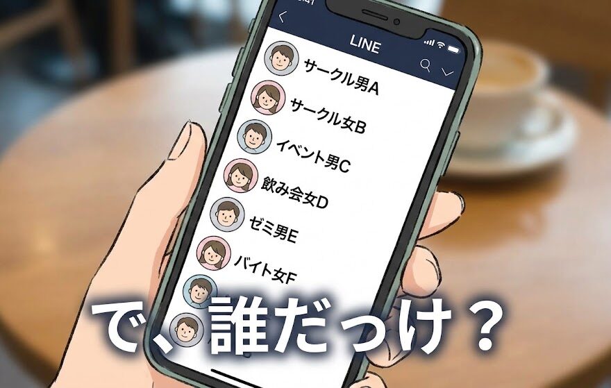 スマホの画面のイラスト。LINEの友達リストが表示されている。