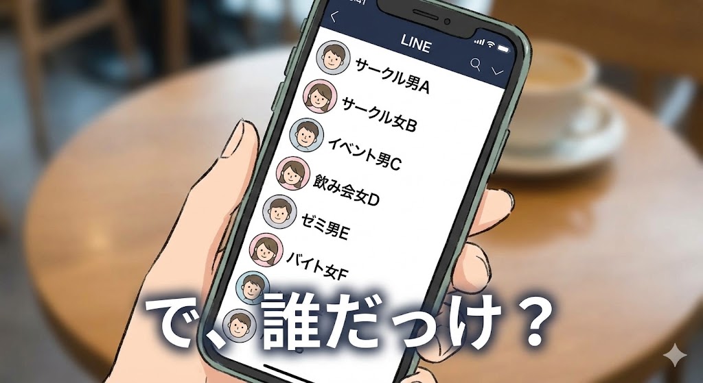 スマホの画面のイラスト。LINEの友達リストが表示されている。