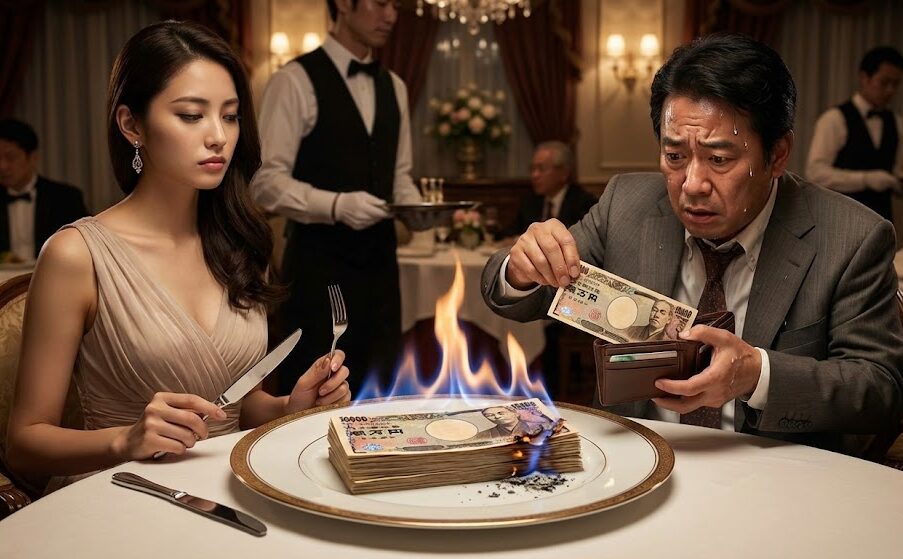 高級フレンチの皿の上に、料理ではなく燃えている1万円札が乗っている。