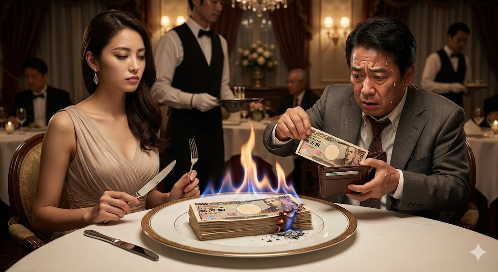 高級フレンチの皿の上に、料理ではなく燃えている1万円札が乗っている。