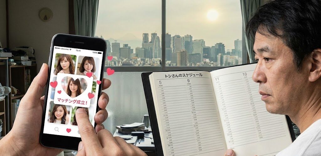スマホの画面に、美女の写真が次々と表示され、マッチング成立のポップアップが連続で出ている。
