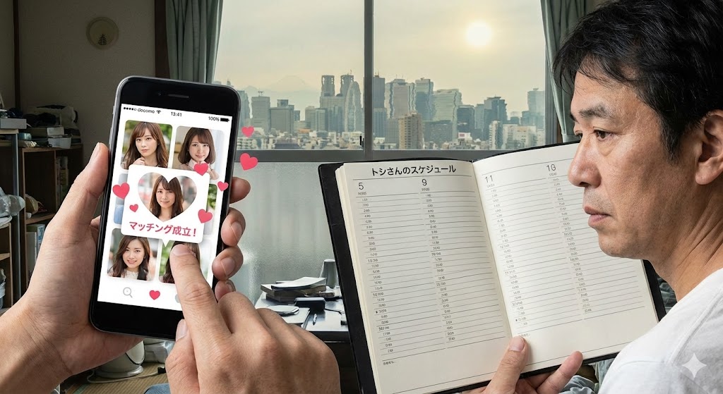 スマホの画面に、美女の写真が次々と表示され、マッチング成立のポップアップが連続で出ている。