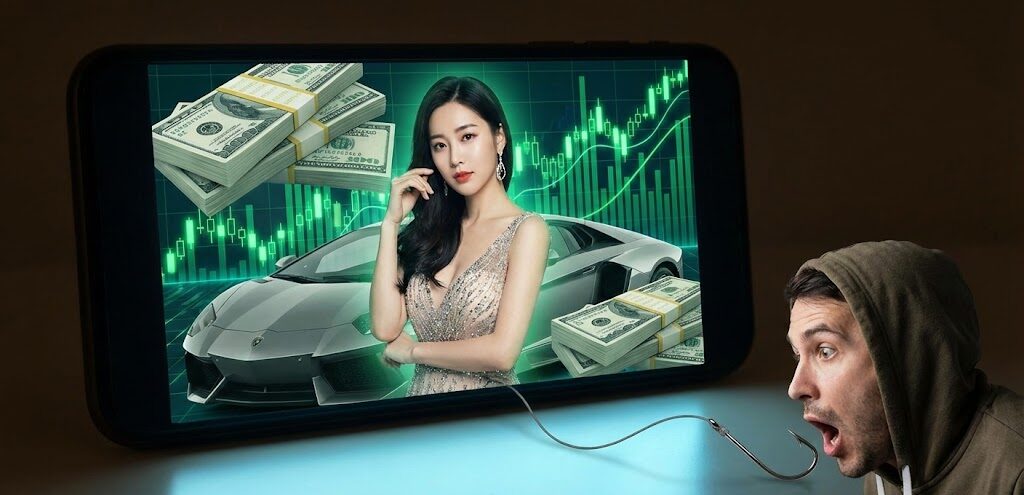 スマホの画面に、ゴージャスなドレスを着たアジア系美女の写真が表示されている。