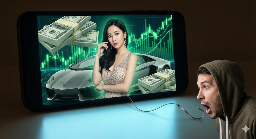 スマホの画面に、ゴージャスなドレスを着たアジア系美女の写真が表示されている。