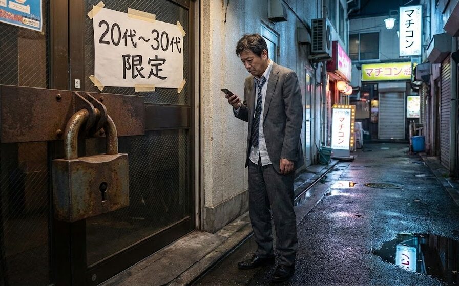 街コン会場の入り口に立つスーツ姿のトシさん。