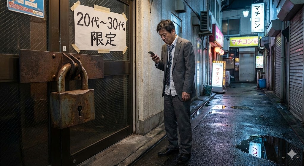 街コン会場の入り口に立つスーツ姿のトシさん。