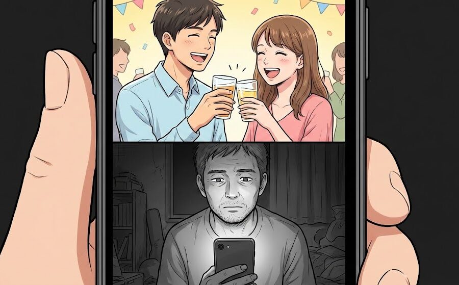 スマホの画面を二分割したイラスト。