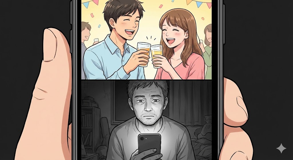 スマホの画面を二分割したイラスト。