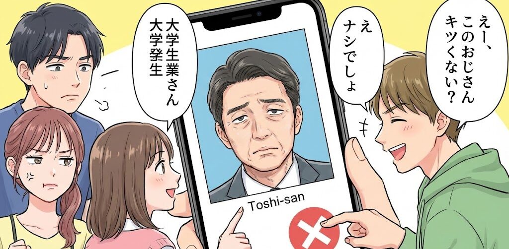 スマホの画面にトシさんの証明写真のような顔がデカデカと映っている。