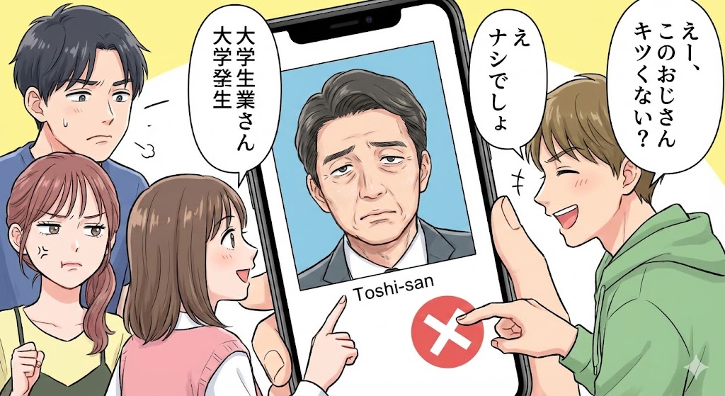 スマホの画面にトシさんの証明写真のような顔がデカデカと映っている。