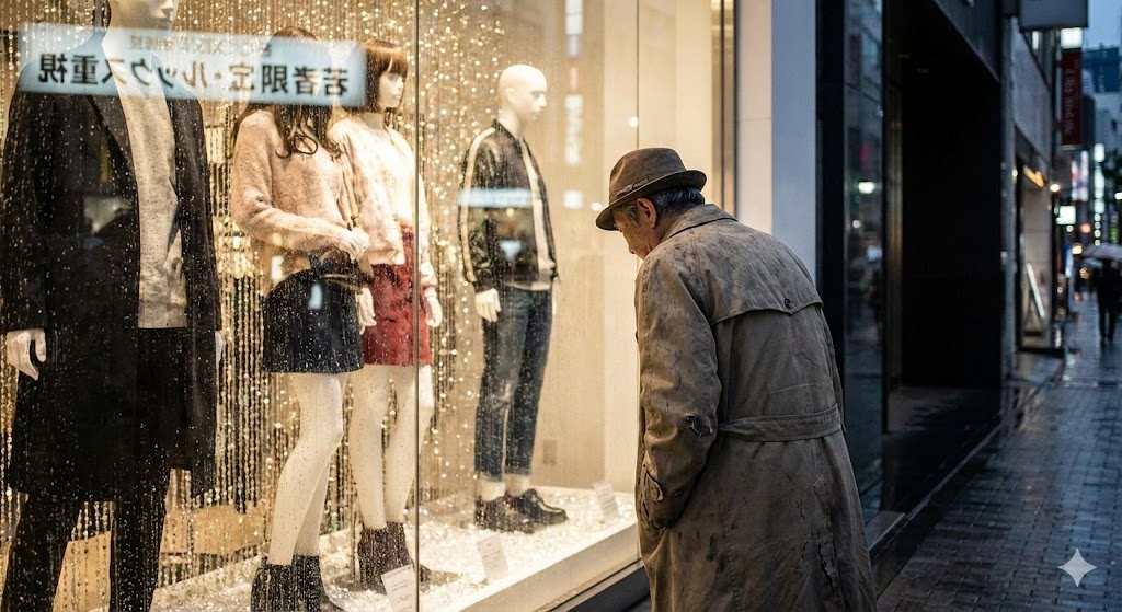 きらびやかなショーウィンドウの中に飾られているマネキンたちを外から寂しく見つめるトシさんの後ろ姿。