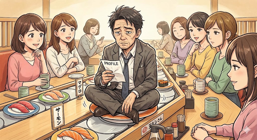 回転寿司のレーンの上に乗せられたトシさん（40代男性）が、女性たちの前をベルトコンベア式に次々と流されていくイラスト。