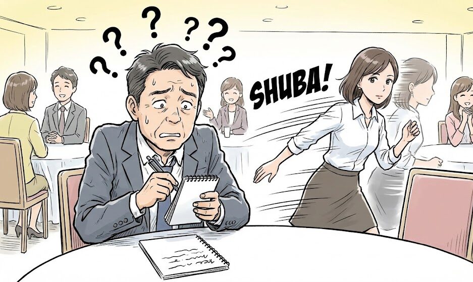 必死にメモを取ろうとしているトシさんだが、目の前の女性が忍者のようにシュバッと隣の席へ移動していく。