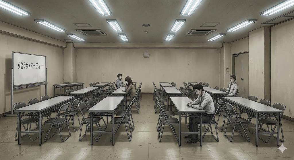 殺風景な貸し会議室に、長机とパイプ椅子がずらりと並べられているだけの無機質な風景のイラスト。