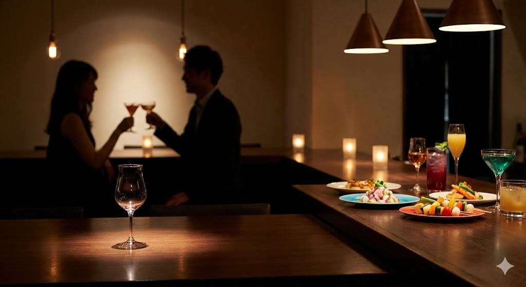 おしゃれで薄暗いダイニングバーのような空間に、色鮮やかな料理とカクテルグラスが並んでいる。