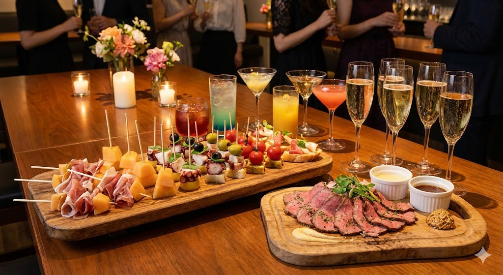 色とりどりのピンチョスやローストビーフなどの華やかな料理が、おしゃれな大皿に盛られている写真