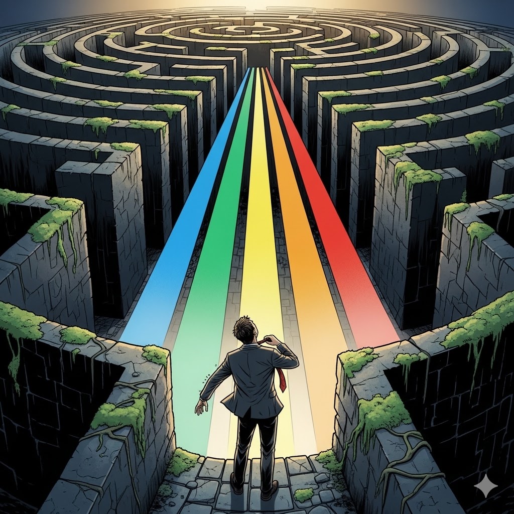 暗くて複雑な迷路（これまでの失敗を表す）を抜け出した先に、5つの明るい道が真っ直ぐに伸びているイラスト。