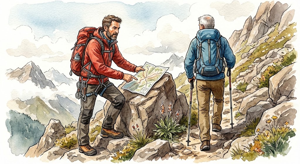 険しい山道の途中で、プロのガイド(案内人)が的確に地図を指さしてルートを教えているイラスト。