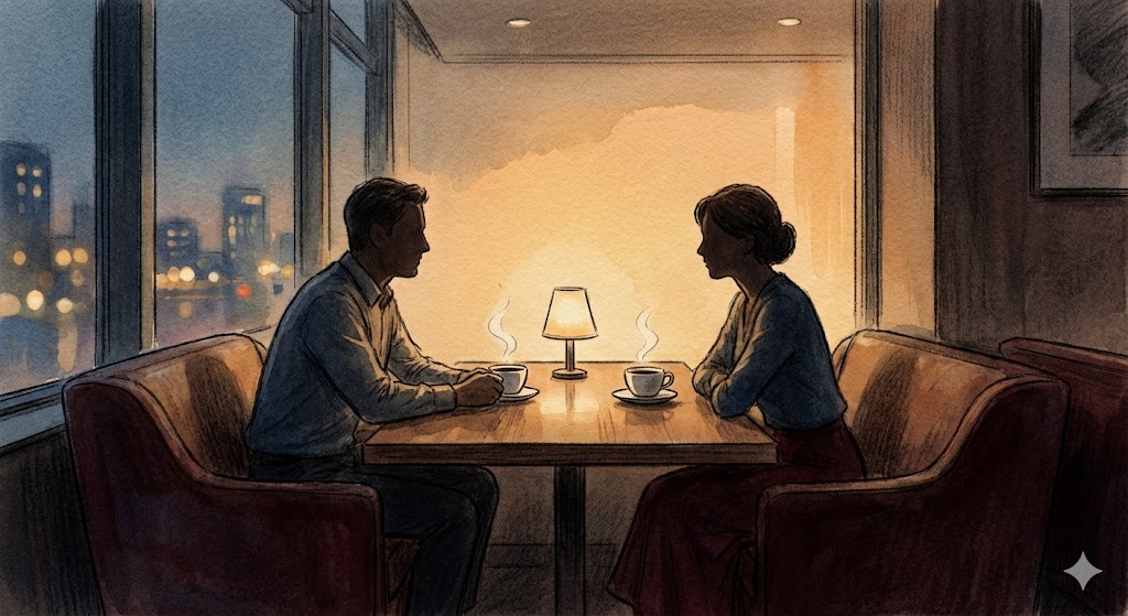 上質なカフェやラウンジのような落ち着いた空間で、向かい合って座る大人の男女のシルエットが描かれたイラスト。