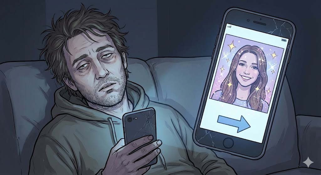 スマホ画面にはキラキラした若い女性の写真と右スワイプの矢印が表示されている。