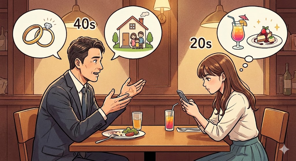 結婚指輪や将来の家のイメージを思い浮かべながら真剣に話す40代男性。