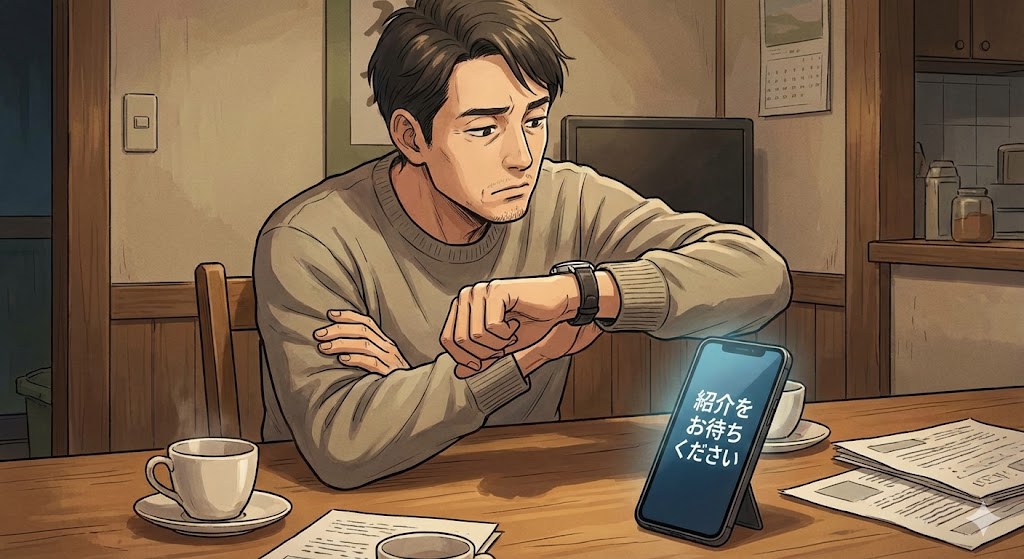 スマホの前で腕を組んでじっと座っている40代男性のイラスト。