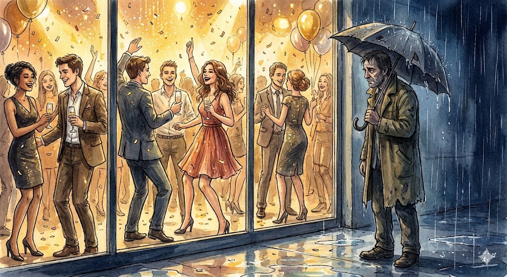 中に入れずにいる悲哀を感じるイラスト。