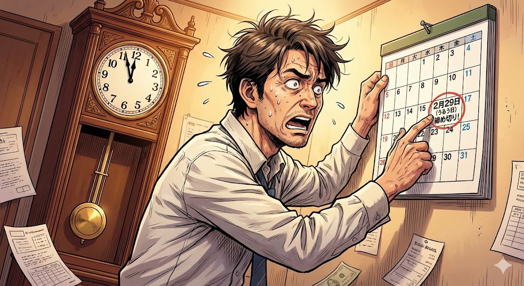 焦った表情をしている40代男性のイラスト。