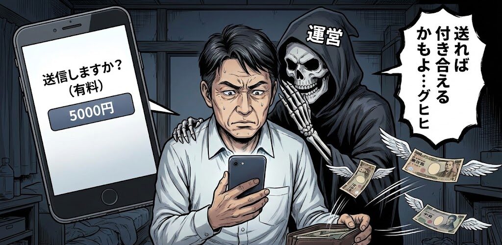 スマホ画面を見つめるトシさんの図。
